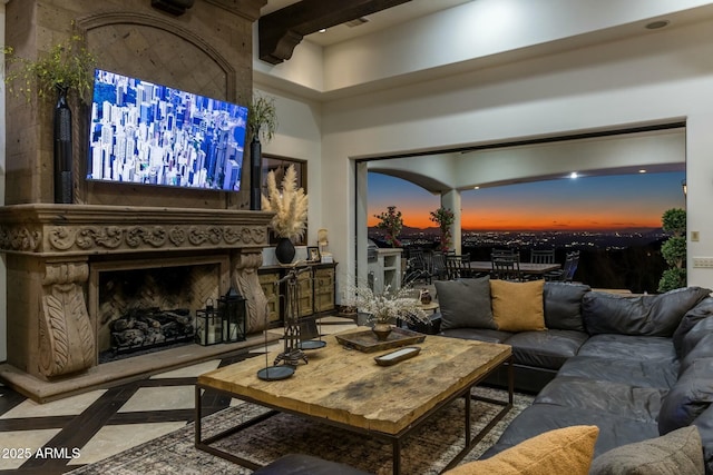 living room with a premium fireplace