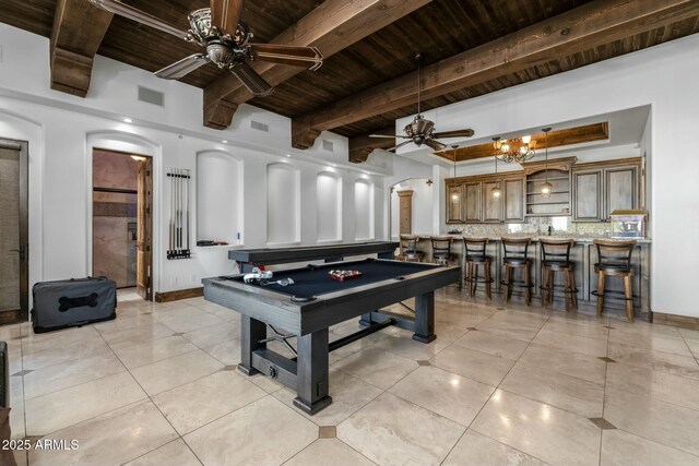 playroom featuring wood ceiling, ceiling fan, pool table, beamed ceiling, and light tile patterned flooring