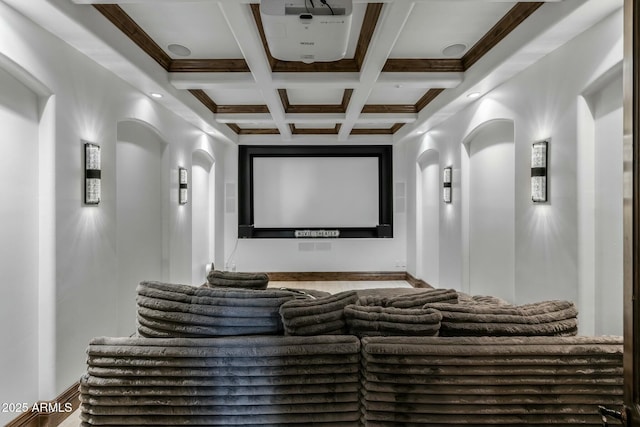 home theater room featuring beam ceiling and coffered ceiling