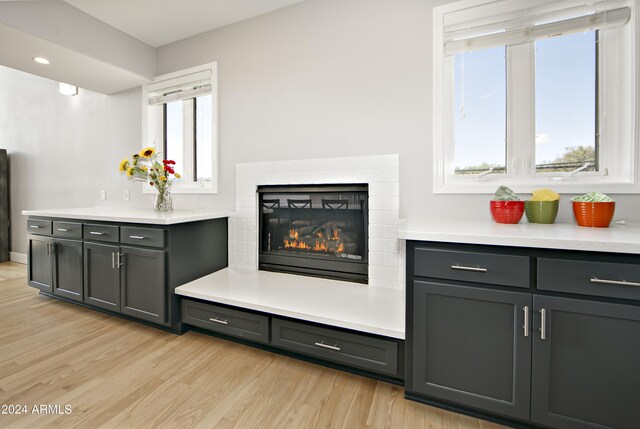 kitchen with light hardwood / wood-style flooring and gray cabinets