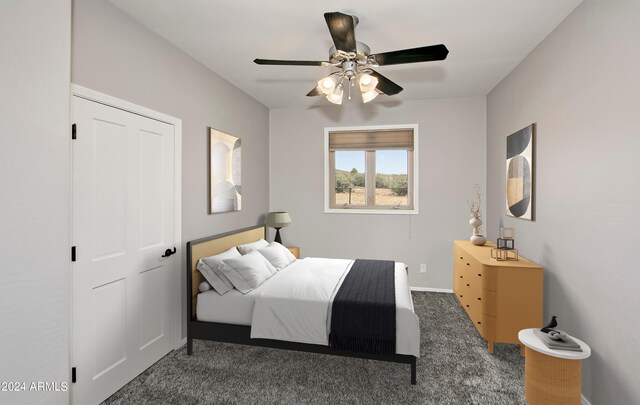 carpeted bedroom featuring ceiling fan