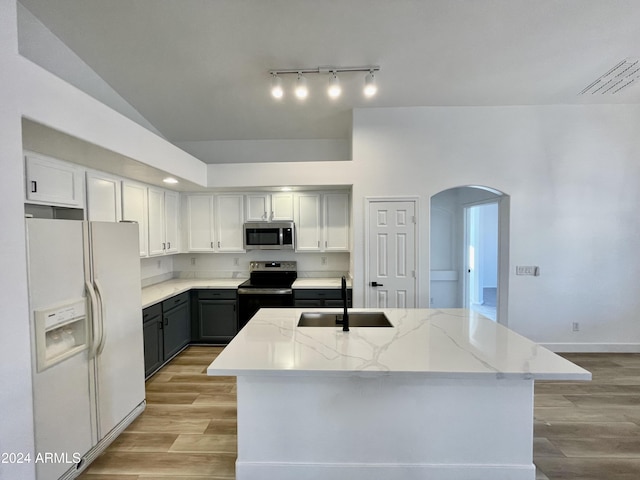 kitchen featuring sink, stainless steel appliances, light hardwood / wood-style floors, gray cabinets, and a kitchen island with sink