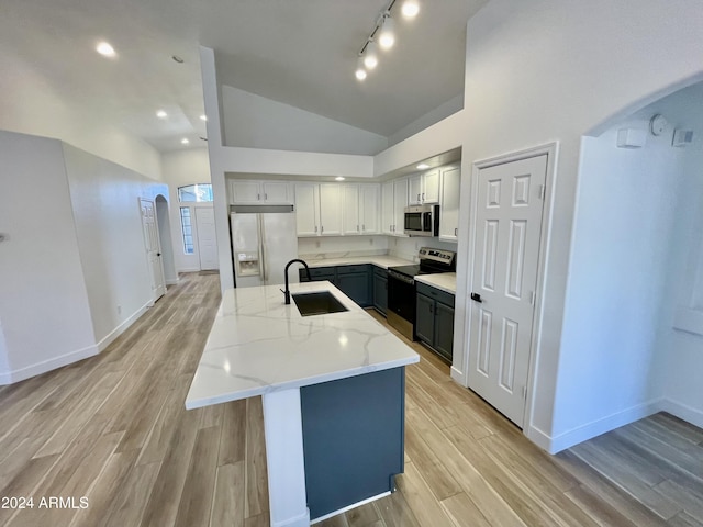 kitchen with stainless steel appliances, a kitchen island with sink, light hardwood / wood-style floors, and sink