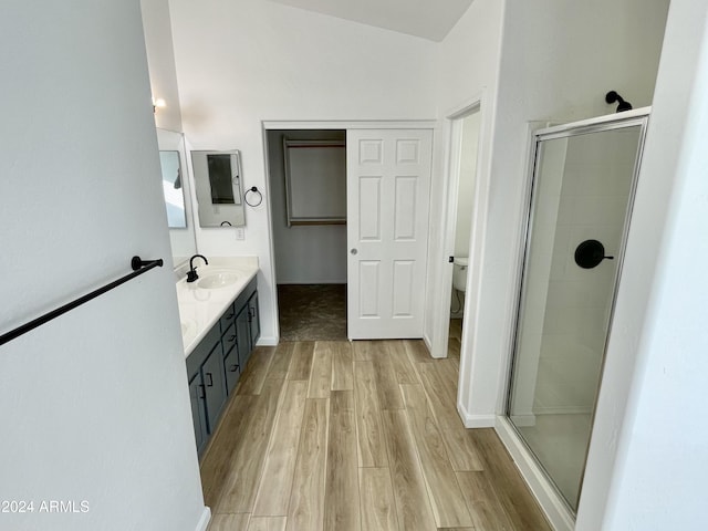 bathroom featuring wood-type flooring, vanity, toilet, and an enclosed shower