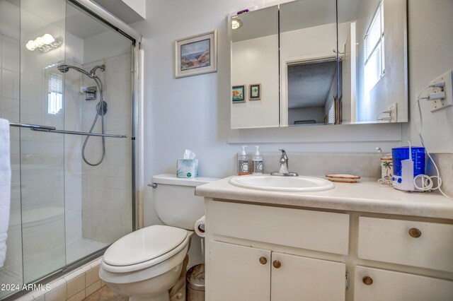 bathroom with an enclosed shower, toilet, a wealth of natural light, and vanity