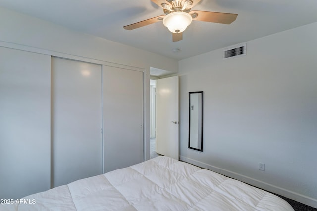 bedroom with visible vents, baseboards, a closet, and a ceiling fan