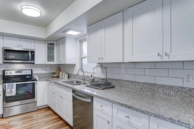 kitchen with a sink, decorative backsplash, white cabinetry, and stainless steel appliances