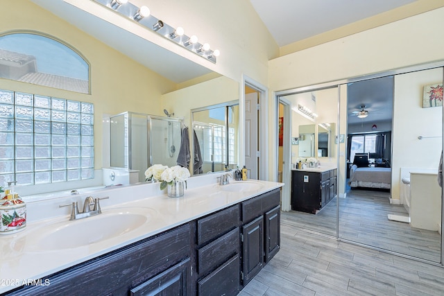 8510 W Joan De Arc Ave, Peoria, AZ 85381 - ensuite bathroom with a ceiling fan, a sink, a shower stall, and connected bathroom