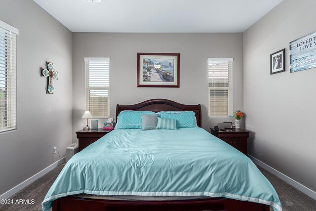 bedroom featuring dark colored carpet and multiple windows