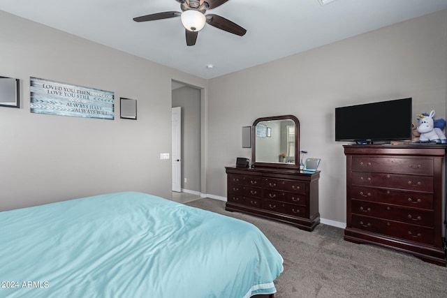 bedroom featuring ceiling fan and carpet flooring