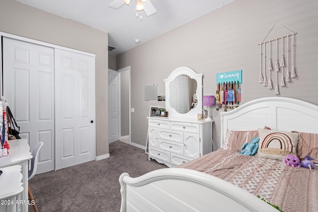 carpeted bedroom with a closet and ceiling fan