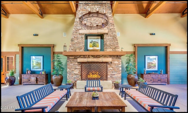 view of patio with an outdoor living space with a fireplace