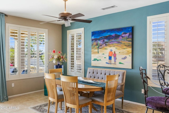 dining area featuring a ceiling fan, a healthy amount of sunlight, visible vents, and baseboards