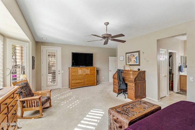 bedroom featuring access to outside, light colored carpet, baseboards, and ceiling fan