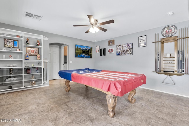 rec room featuring pool table and ceiling fan