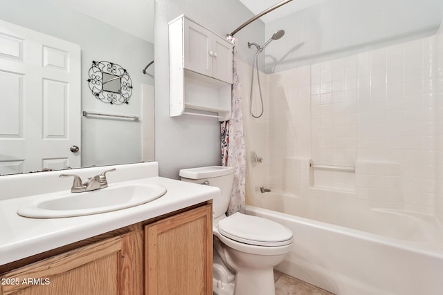 full bathroom featuring vanity, shower / tub combo, and toilet