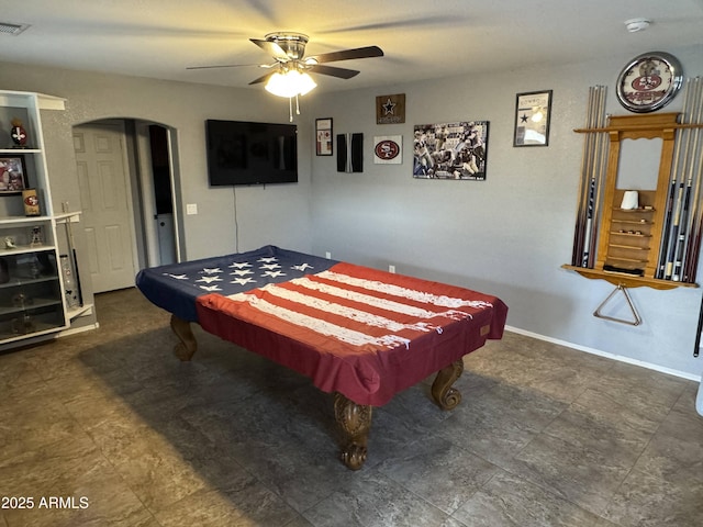 recreation room featuring pool table and ceiling fan