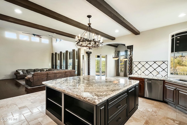36430 N 34th Ave, Phoenix, AZ 85086 - kitchen featuring stainless steel dishwasher, open shelves, beam ceiling, tasteful backsplash, and hanging light fixtures