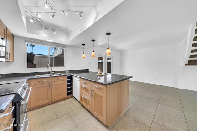 2812 E Clarendon Ave, Phoenix, AZ 85016 - kitchen featuring a sink, stainless steel range with electric stovetop, a peninsula, white dishwasher, and a tray ceiling
