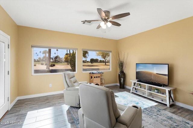 living room with hardwood / wood-style flooring and ceiling fan