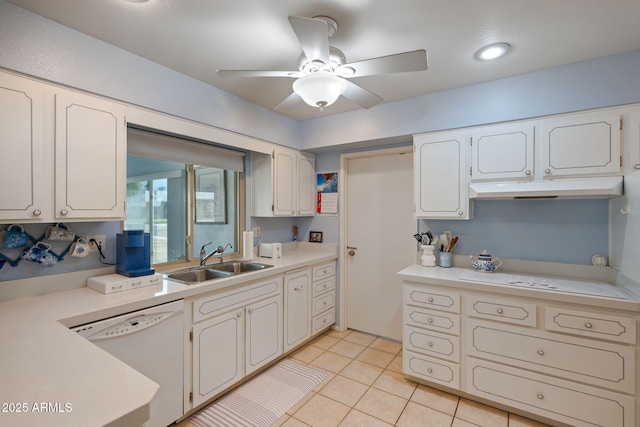 kitchen featuring dishwasher, sink, white cabinets, light tile patterned floors, and ceiling fan