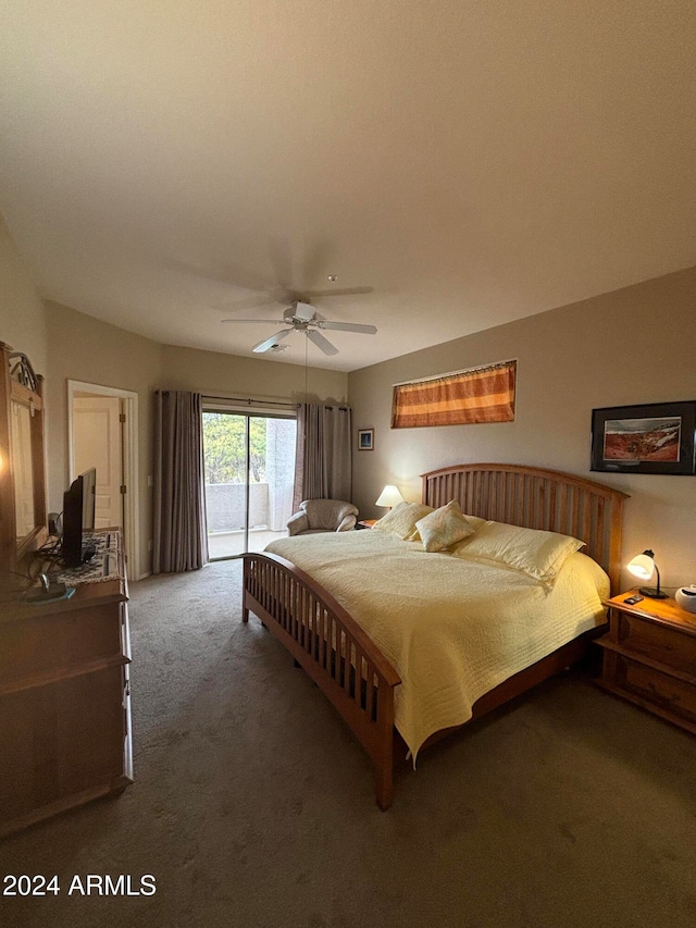 bedroom with carpet flooring, ceiling fan, and access to exterior