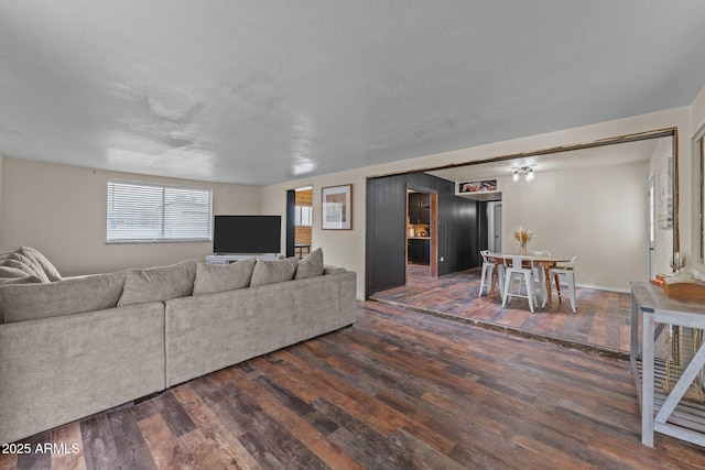 living room featuring a textured ceiling and wood finished floors