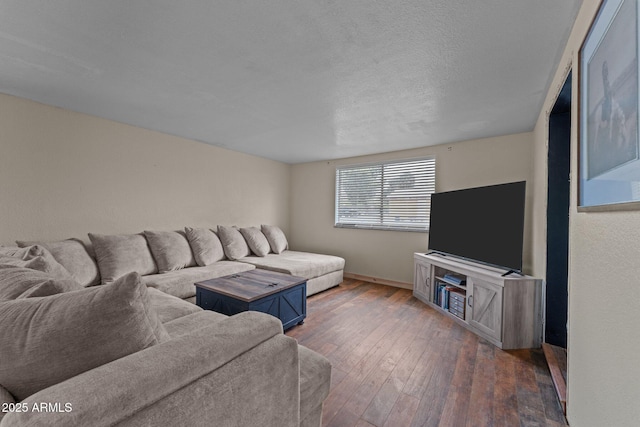 living room with a textured ceiling and hardwood / wood-style floors