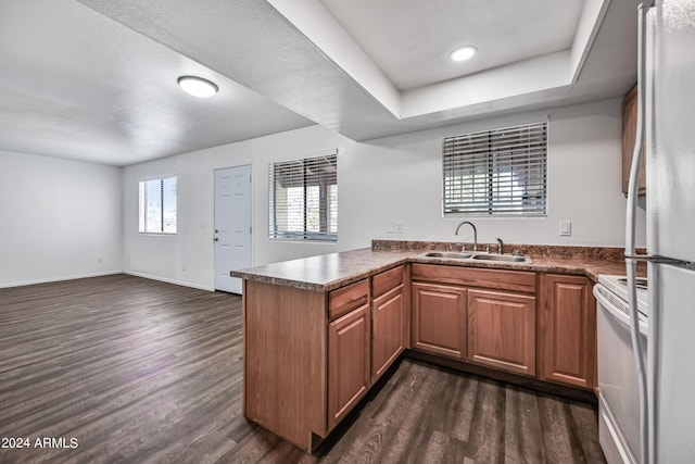 kitchen with a raised ceiling, a peninsula, a sink, and dark wood finished floors