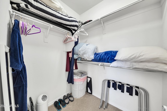 walk in closet with light colored carpet