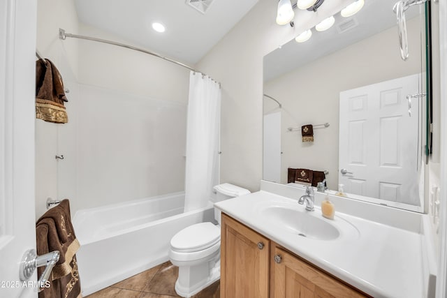 full bathroom with vanity, tile patterned flooring, shower / bath combo, and toilet