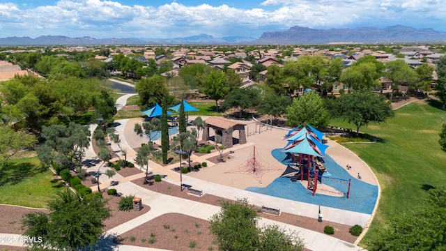 drone / aerial view featuring a mountain view