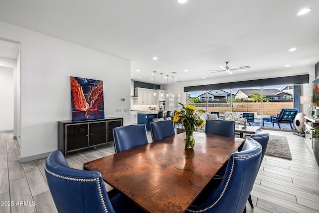 dining space with a ceiling fan, light wood-style flooring, and recessed lighting