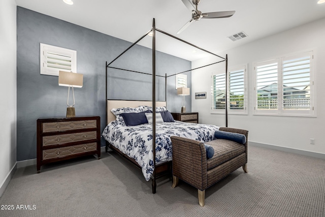 bedroom with carpet flooring, baseboards, and a ceiling fan