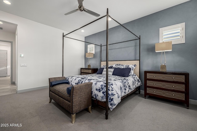 bedroom with carpet floors, recessed lighting, baseboards, and a ceiling fan