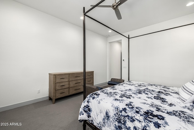 bedroom featuring carpet, recessed lighting, baseboards, and a ceiling fan