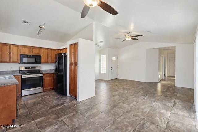 6938 W Nicolet Ave, Glendale, AZ 85303 - kitchen with black appliances, ceiling fan, vaulted ceiling, brown cabinets, and open floor plan
