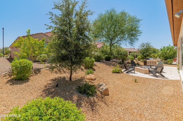 view of yard featuring a fire pit and a patio