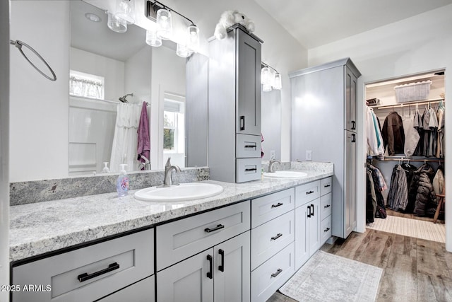 bathroom featuring double vanity, wood finished floors, a walk in closet, and a sink