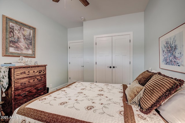 bedroom with baseboards, a closet, and ceiling fan