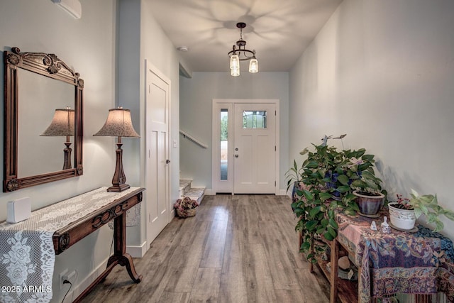 foyer entrance with baseboards and wood finished floors