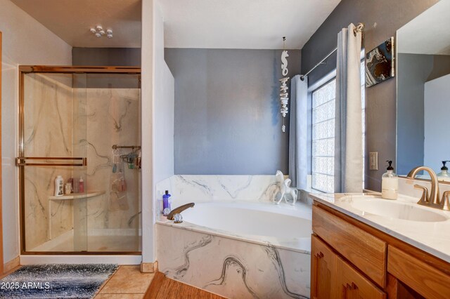 625 Shadow Mountain Dr, Prescott, AZ 86301 - bathroom with a marble finish shower, tile patterned floors, vanity, and a garden tub