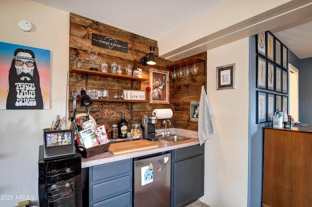 625 Shadow Mountain Dr, Prescott, AZ 86301 - bar with indoor wet bar, refrigerator, wood walls, beverage cooler, and a sink