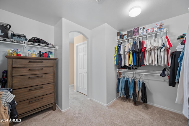 spacious closet featuring light colored carpet