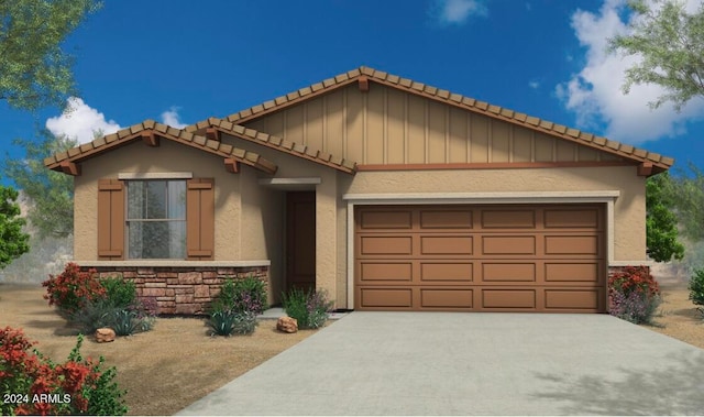 view of front of property featuring a garage, driveway, stone siding, a tile roof, and stucco siding