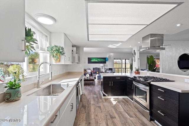 kitchen featuring dark cabinetry, a sink, light countertops, appliances with stainless steel finishes, and wall chimney range hood