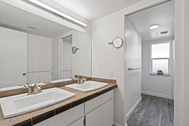 bathroom featuring a sink, visible vents, wood finished floors, and double vanity