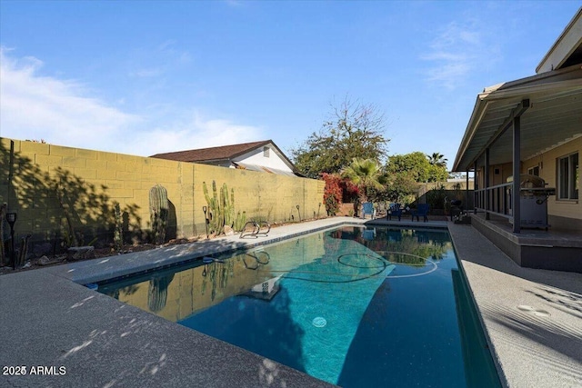 view of pool featuring a fenced in pool, a patio, area for grilling, and a fenced backyard