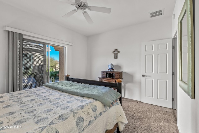 bedroom featuring ceiling fan, carpet floors, and access to outside