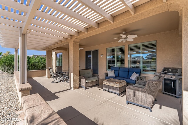 view of patio / terrace featuring ceiling fan, a pergola, outdoor lounge area, and grilling area